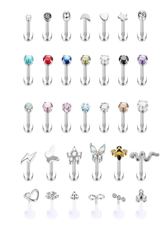 Drperfect 33PCS 16G Stainless Steel Internal Thread CZ Stud Piercing Jewelry for Tragus/Conch/Helix/Nose/Lip/Labret Cartilage Earrings Flatback Butterfly/Bee/Nose Rings for Women & Men (6/8/10mm) - Image 1